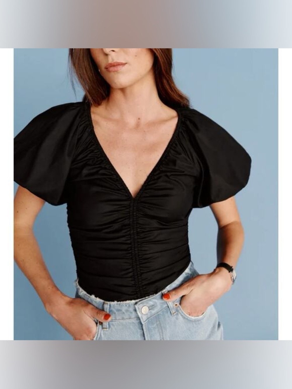 NWT ASOS Black Clean Girl Classic Ruched V-Neck Sheer Lined Puff Sleeve Blouse 4